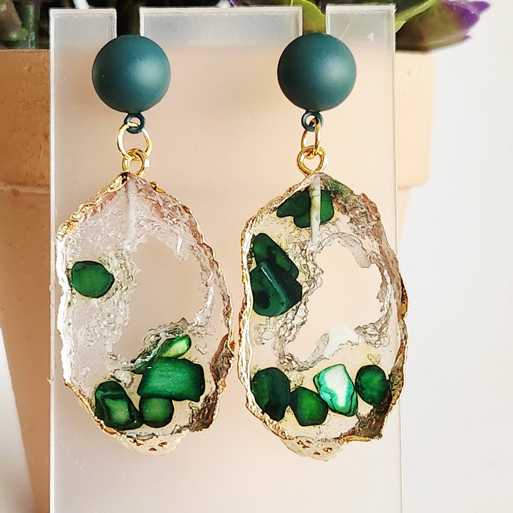 Green Geode Resin Drop Earrings Gold Tone Statement Jewelry Nature Inspired 2"